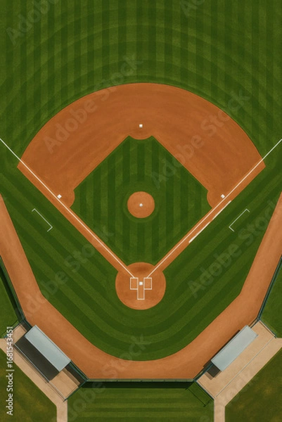 Fototapeta Aerial view of a pristine baseball field showcasing vibrant green grass and meticulously groomed dirt, ready for a game to begin.