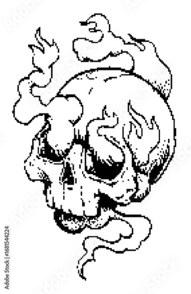 Obraz Pixel art skull with fire and smoke. Retro 8-bit style flaming skull doodle, perfect for stickers, t-shirts, posters, tattoos, and alternative digital designs.