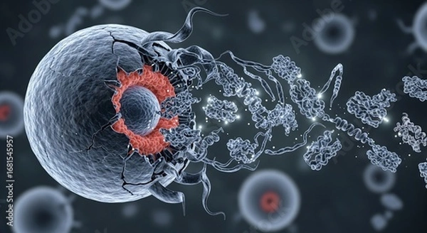 Fototapeta Scientific 3D illustration of a cancer cell undergoing apoptosis, showing the dramatic process of cellular destruction and lysis