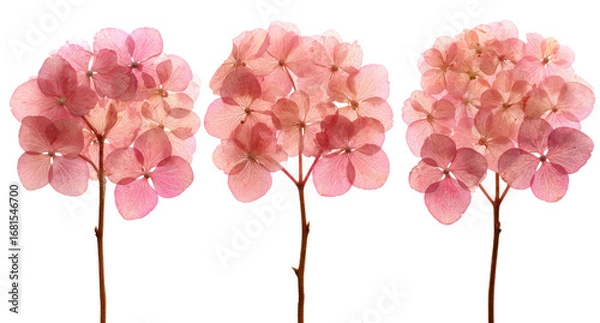 Fototapeta Three delicate, dried pink hydrangea blossoms, isolated against a black background, displaying soft, rounded flower heads and slender stems