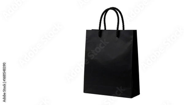 Fototapeta Black Paper Shopping Bag with Rope Handles Luxury Retail Packaging Mockup Isolated