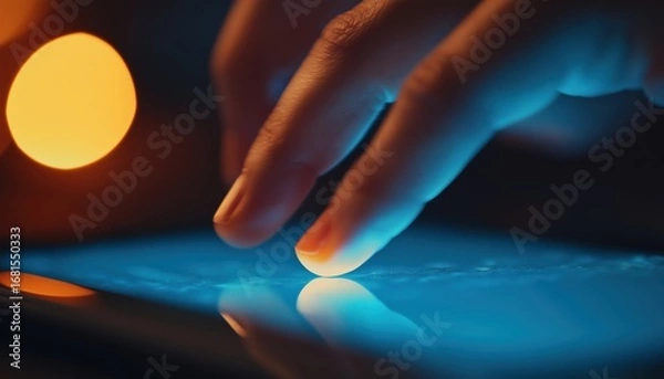 Fototapeta Shallow Depth Of Field Closeup: Finger Touching Tablet-Pc Screen Depicts A Detailed Image Of A Finger Interacting With A Tablet Screen.