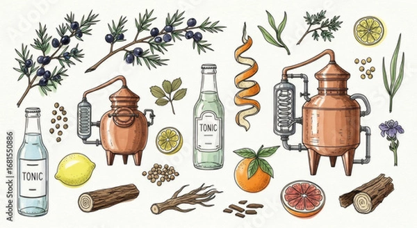 Fototapeta Set of hand drawn botanical illustrations of gin distillation. Doodle drawings of juniper branches, copper gin stills, tonic bottles, citrus peels, and botanical specimens