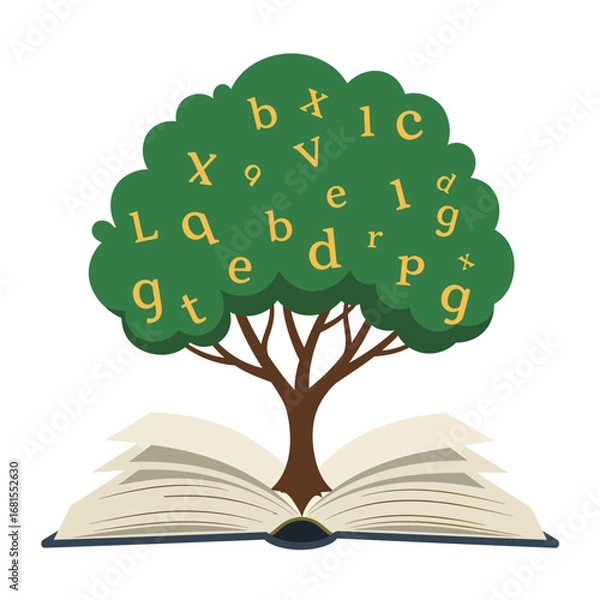 Fototapeta Conceptual illustration of education and imagination with a tree of letters growing out of an open book