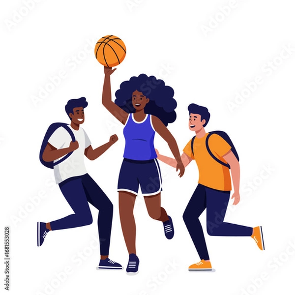 Fototapeta Cheerful young friends with backpacks having fun playing basketball, promoting teamwork and an active lifestyle