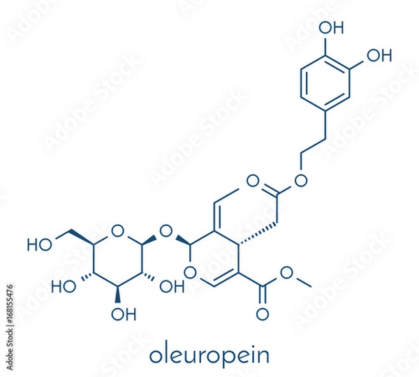 Fototapeta Oleuropein olive component molecule. In part responsible for pungency of virgin olive oil, may have beneficial properties. Skeletal formula.