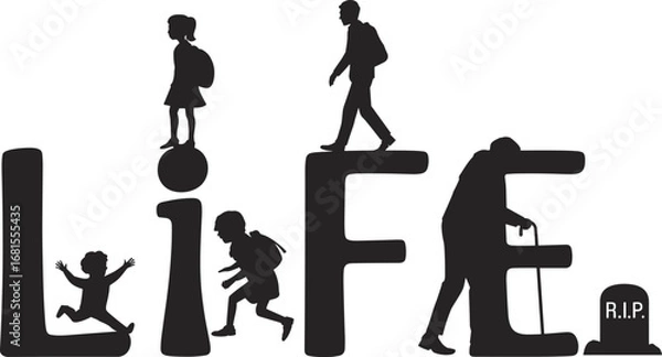 Fototapeta Life cycle silhouette showing growth from childhood to elderly age, human development stages, aging process, journey of life concept.