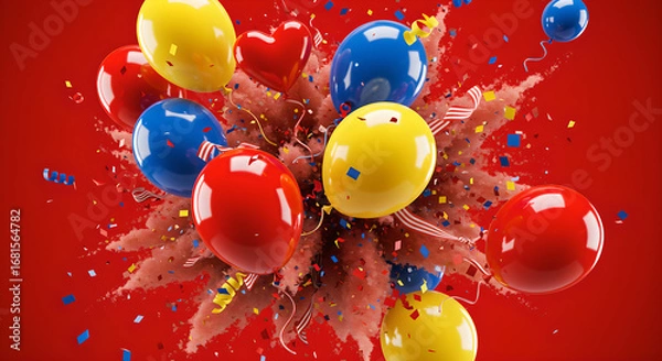 Obraz Vibrant Party Balloons and Confetti Explosion on Red Background