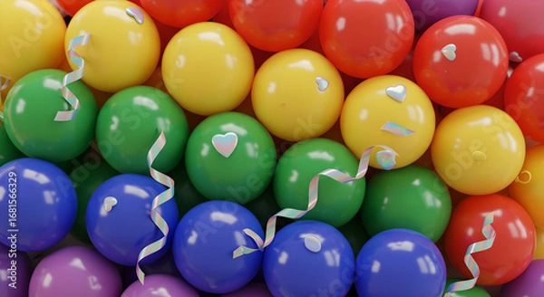 Obraz Vibrant colorful balloons with confetti and ribbons for celebrations and party background