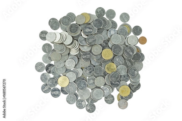 Fototapeta A pile of money coins representing finance and savings. Business currency for investment or wealth isolated on white background with clipping path.