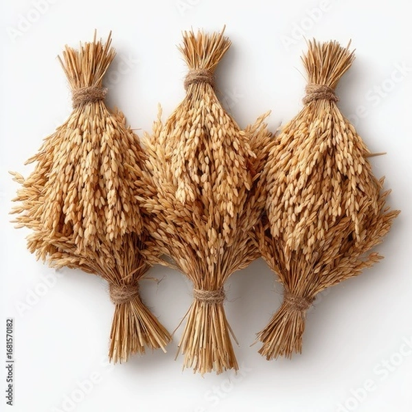 Fototapeta Three bundles of dried rice stalks tied with twine, against a white background