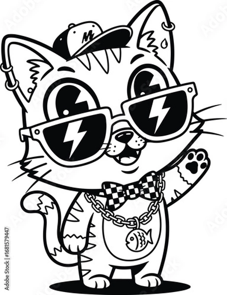 Fototapeta Cat: A cute and stylized cartoon cat wearing a chain, sunglasses, and a cap, in a playful and fashionable style.