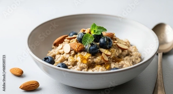Fototapeta 3d icon of healthy oatmeal with blueberries, almonds, and honey in a bowl