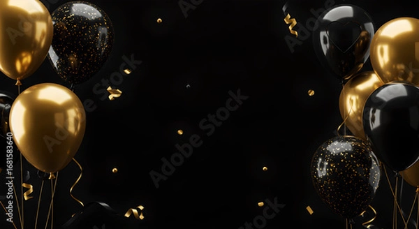Obraz Elegant black and gold balloons with sparkling confetti on a dark background for celebration