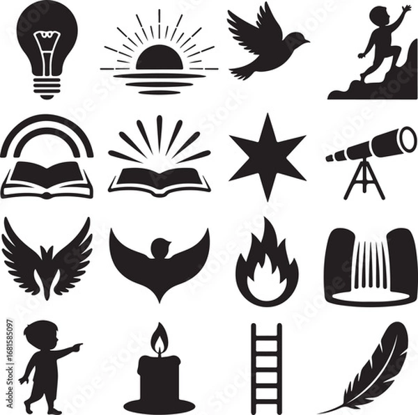 Fototapeta Collection of sixteen black silhouette icons symbolizing hope and knowledge lightbulb