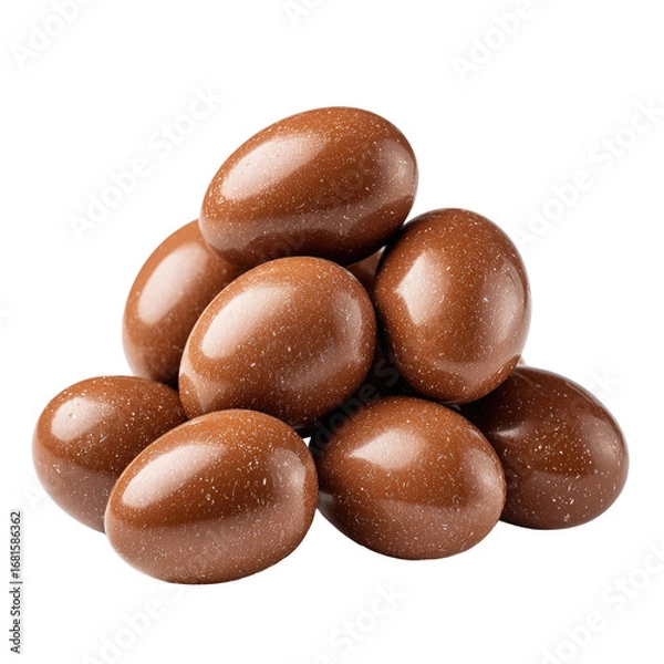 Fototapeta A pyramid of chocolate-covered nuts.  Smooth, glossy, light brown chocolate-coated, oval-shaped treats nestled together