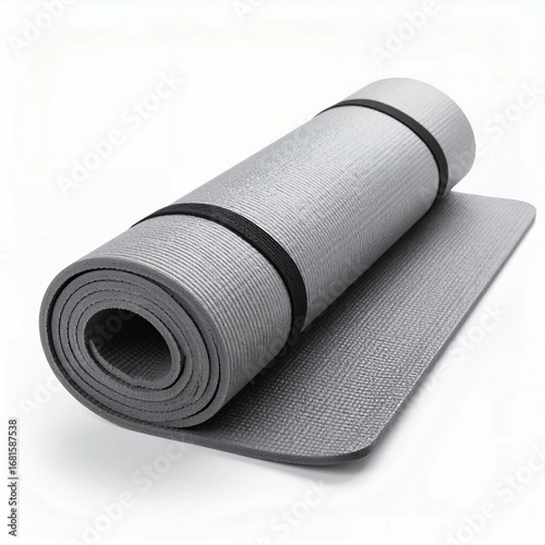 Fototapeta Rolled exercise mat secured with bands presents calm workout potential on white background