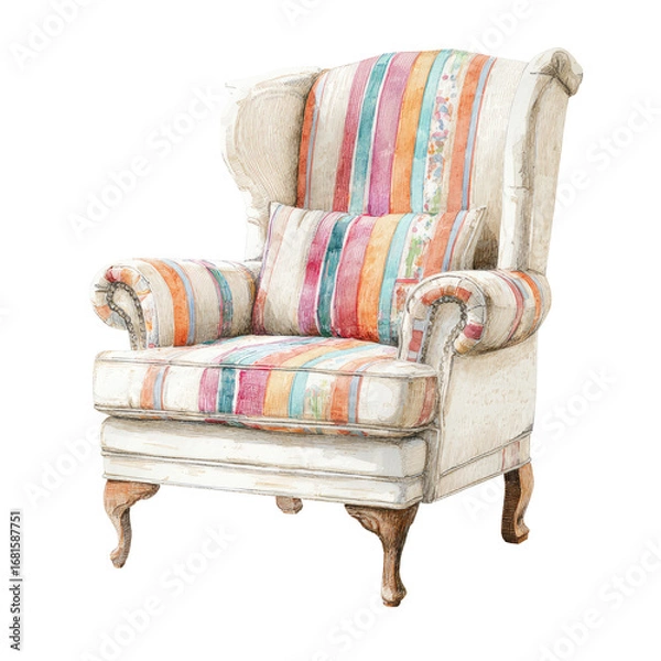 Fototapeta Watercolor illustration of an armchair.  Colorful striped fabric upholstery over a light beige frame, with wingback style.  Decorative pillows