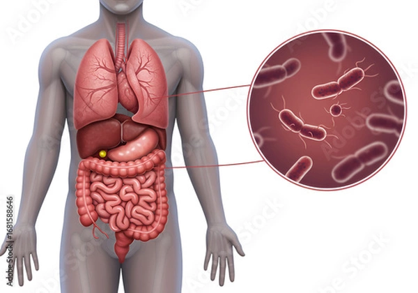 Obraz Human digestive system with highlighted gut bacteria illustration.