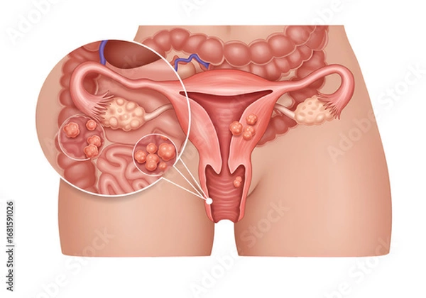Obraz Female reproductive system illustration highlighting potential ovarian cysts and related abdominal structures.