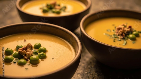 Obraz Creamy soup served in wooden bowls, garnished with green peas and crunchy toppings, evokes warmth and comfort