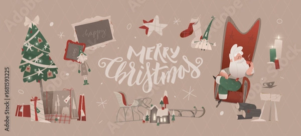 Obraz Merry Christmas postcard with Santa Claus relaxing in a cozy armchair, drinking coffee near a decorated Christmas tree with gifts, garlands, and festive decorations.