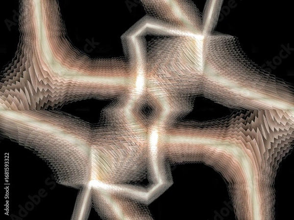 Fototapeta Fractal art of glowing, interconnected lines on a black background. The design is symmetrical with a dynamic, abstract quality. Digitally generated image.