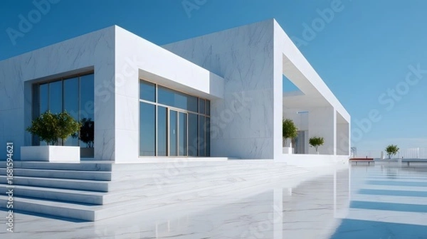 Fototapeta Contemporary Minimalist Architecture with Expansive Windows and Reflective Pool in Bright Blue Sky