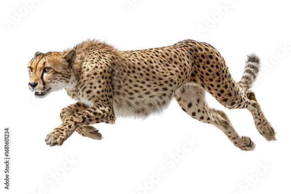 Fototapeta A cheetah in a dynamic running pose.  The spotted tan coat is highlighted against a black background.  Focus is on the cheetah's motion and powerful stance