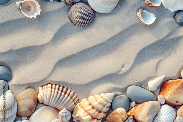Fototapeta Seashells and Pebbles on Sand Background