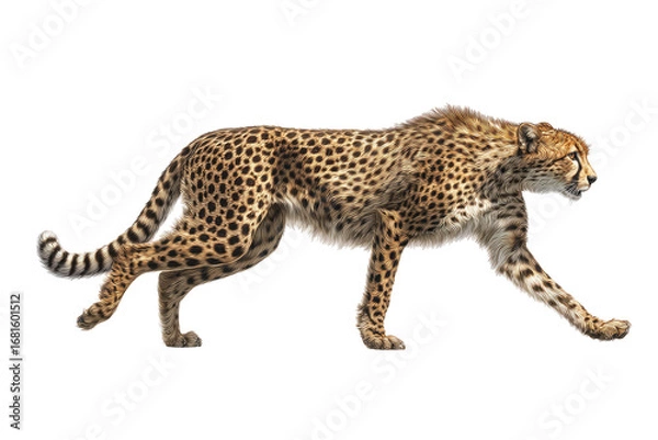 Fototapeta Side view of a cheetah in motion.  Spotted coat,  long legs,  alert posture.  Black background