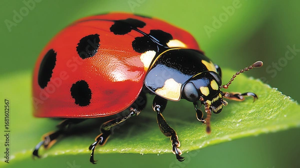 Fototapeta Close up of a ladybug with black spots on a leaf in a natural setting