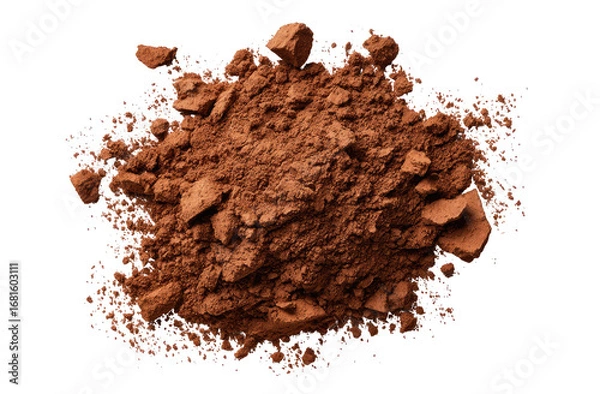 Fototapeta Close-up view of a pile of dark brown cocoa powder, with scattered, irregular pieces