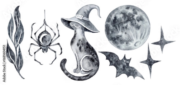 Fototapeta Set of isolated illustrations for halloween cat in a witchs hat bat moon spider stars tree branch graphic textured black watercolor ink