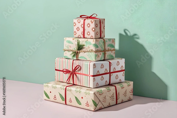Obraz Festive holiday gifts stacked high with ribbons and botanical paper ready for a cheerful celebration PNG