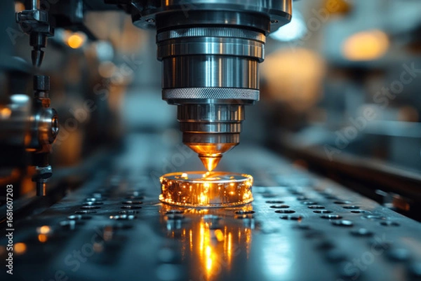 Fototapeta the process of high-precision metal processing on a modern CNC machine. The metal part is fixed on the work surface, and the laser or plasma head emits a bright glow,  