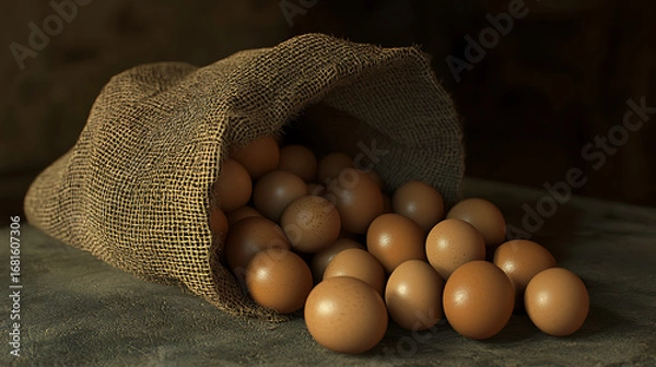 Fototapeta A burlap sack tipped over spilling brown eggs onto a textured surface