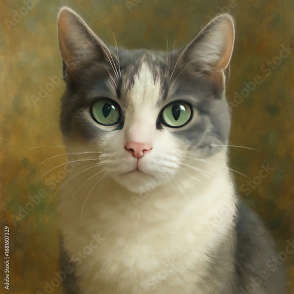 Fototapeta portrait of a grey and white cat with expressive green eyes. The cat sits against a soft, blurred golden-green background,  