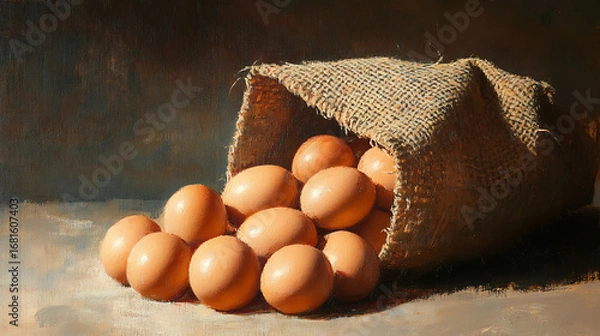 Fototapeta A burlap sack tipped over spilling eggs onto a surface in soft lighting