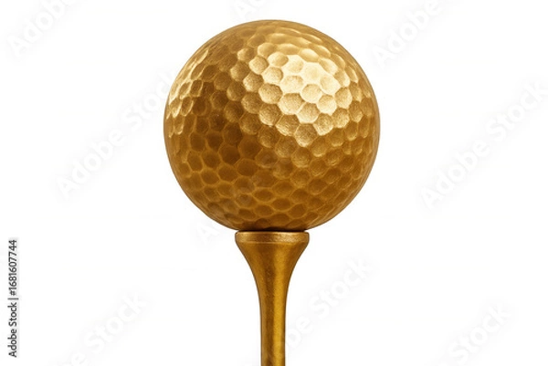 Fototapeta Golden golf ball perched on tee, gleaming against clean background, representing precision and anticipation of initial golf shot