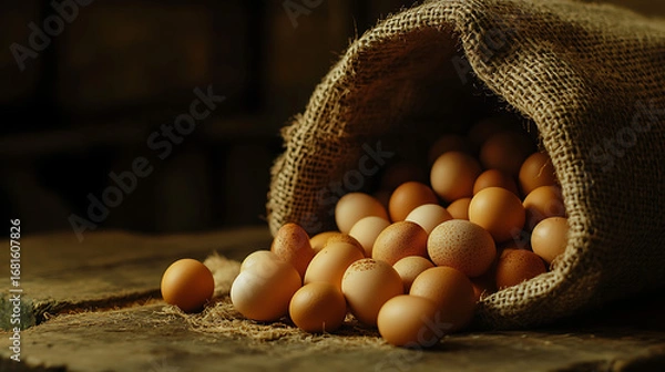 Fototapeta A burlap sack tipped over spilling eggs onto a wooden surface in dim light