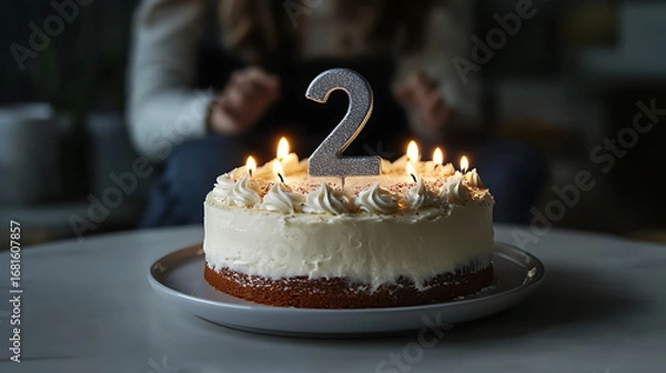 Fototapeta A birthday cake with candles and a number two topper on a white plate