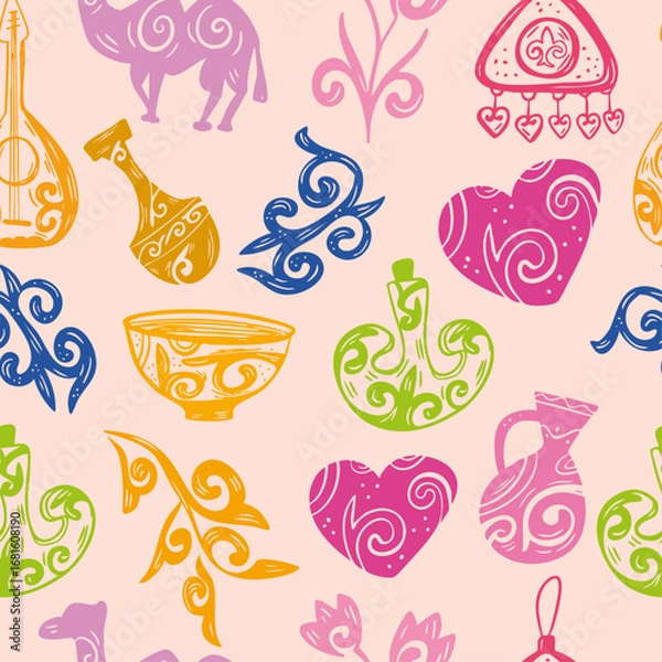 Obraz Kazakh Ethnic Pattern – Seamless Ornament with National Symbols
