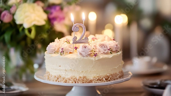 Fototapeta Close up of a birthday cake with flowers and a number two candle lit