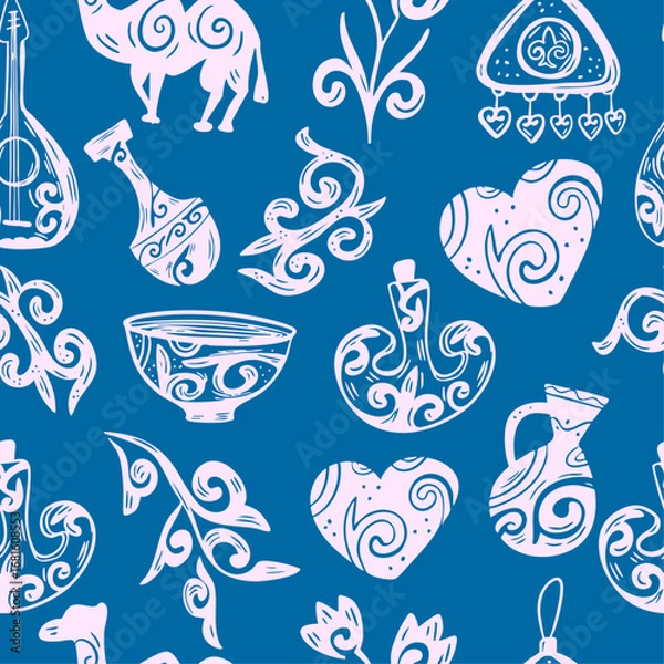 Obraz Kazakh Ethnic Symbols – Seamless Pattern on Blue Background