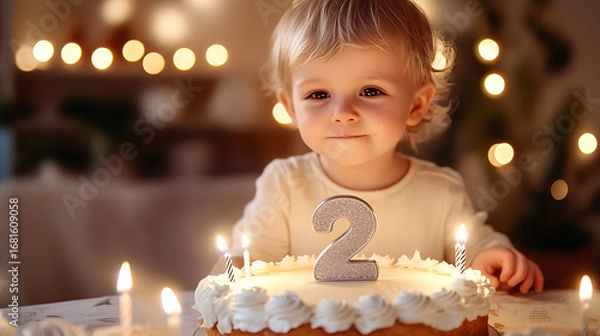 Fototapeta A toddler smiles next to a birthday cake with a number two candle on it