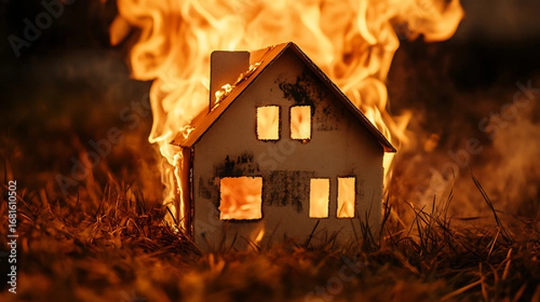 Fototapeta A small model house engulfed in flames with grass in the foreground
