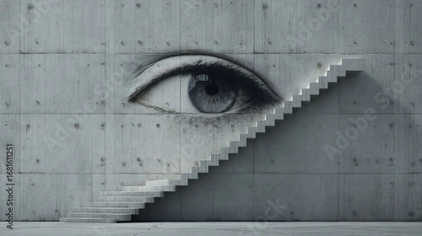 Fototapeta Eye on the wall with stairs surreal art concept and optical illusion background