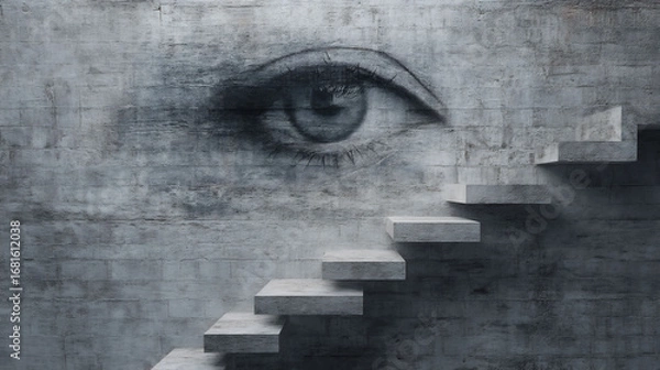 Fototapeta Eye on the wall with stairs leading up artistic concept and surreal architecture
