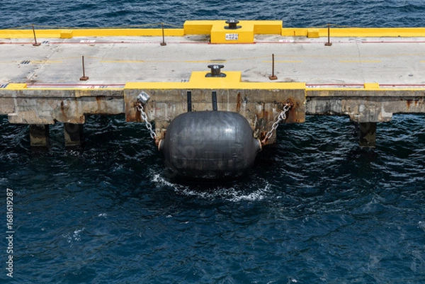 Obraz Image of one large black netless foam-filled marine fender chained to cruise ship dock.